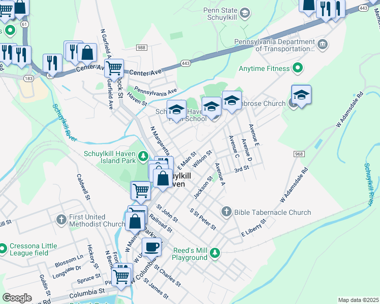 map of restaurants, bars, coffee shops, grocery stores, and more near 417 East Main Street in Schuylkill Haven