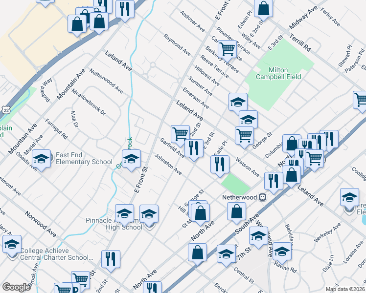 map of restaurants, bars, coffee shops, grocery stores, and more near 1011 East 2nd Street in Plainfield