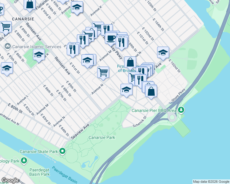 map of restaurants, bars, coffee shops, grocery stores, and more near 1670 East 93rd Street in Brooklyn