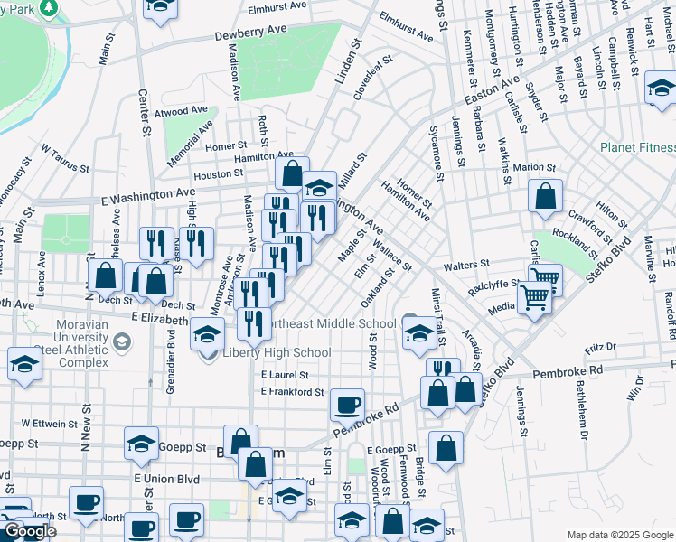 map of restaurants, bars, coffee shops, grocery stores, and more near 1439 Elm Street in Bethlehem