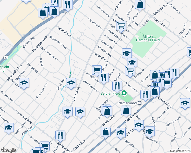 map of restaurants, bars, coffee shops, grocery stores, and more near 1000 East 2nd Street in Plainfield