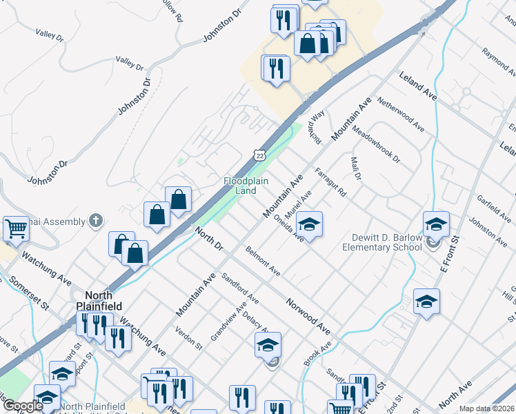 map of restaurants, bars, coffee shops, grocery stores, and more near in North Plainfield