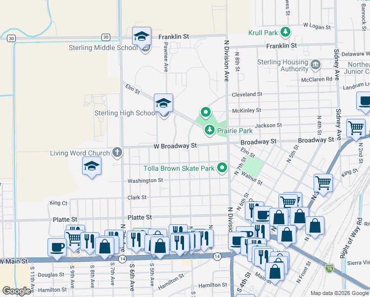 map of restaurants, bars, coffee shops, grocery stores, and more near 631 North 3rd Avenue in Sterling