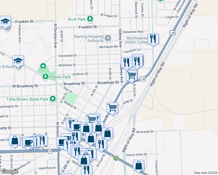 map of restaurants, bars, coffee shops, grocery stores, and more near 714 North 4th Street in Sterling