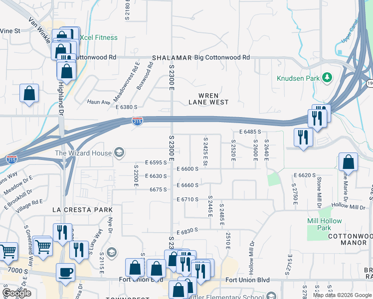 map of restaurants, bars, coffee shops, grocery stores, and more near 6554 South 2365 East Street in Cottonwood Heights