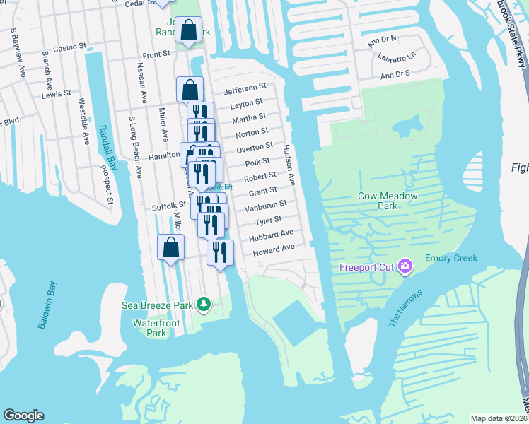 map of restaurants, bars, coffee shops, grocery stores, and more near 53 Tyler Street in Freeport