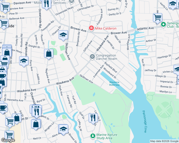 map of restaurants, bars, coffee shops, grocery stores, and more near 425 Freeman Avenue in Oceanside