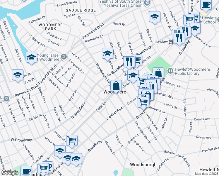 map of restaurants, bars, coffee shops, grocery stores, and more near in Woodmere