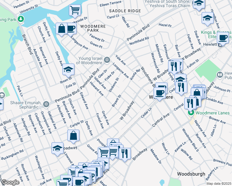 map of restaurants, bars, coffee shops, grocery stores, and more near 333 Island Avenue in Woodmere