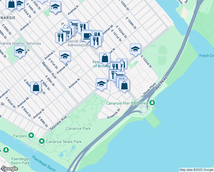 map of restaurants, bars, coffee shops, grocery stores, and more near 1677 Canarsie Road in Brooklyn