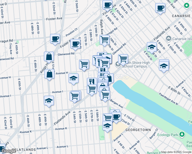 map of restaurants, bars, coffee shops, grocery stores, and more near 876 East 59th Street in Brooklyn