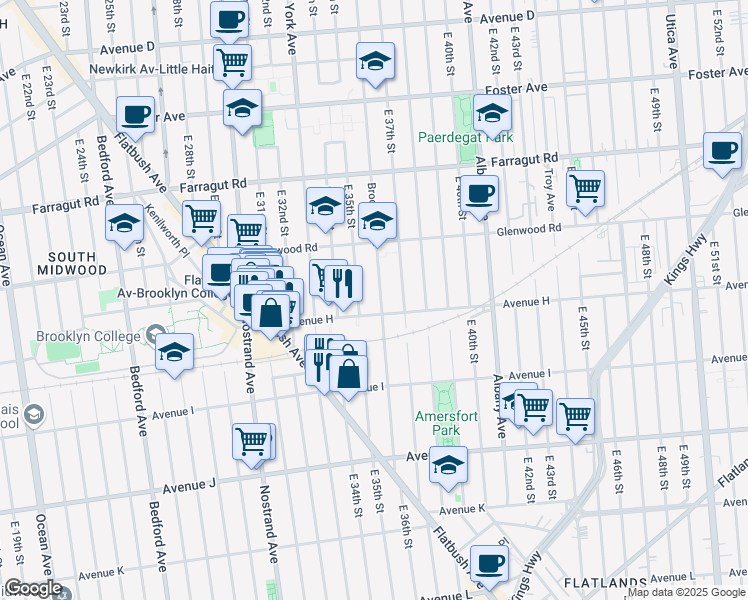 map of restaurants, bars, coffee shops, grocery stores, and more near 3501 Avenue H in Brooklyn