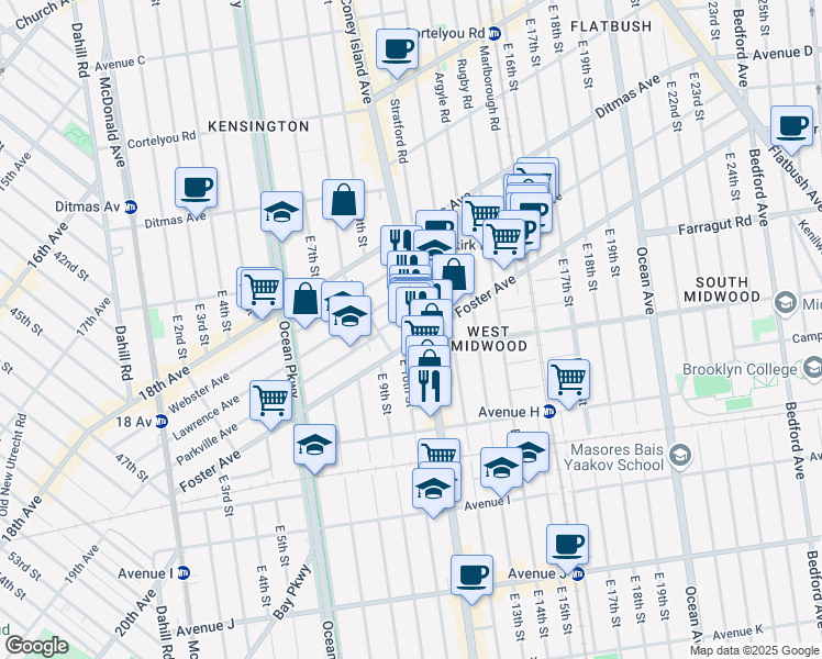 map of restaurants, bars, coffee shops, grocery stores, and more near 1049 Coney Island Avenue in Brooklyn