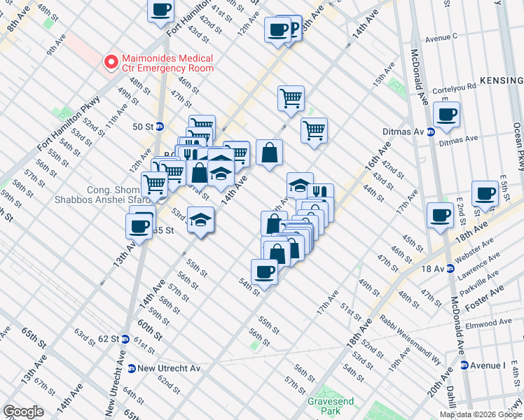map of restaurants, bars, coffee shops, grocery stores, and more near 1462 50th Street in Brooklyn