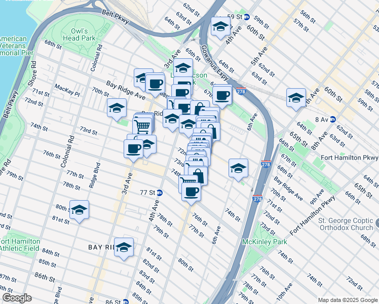 map of restaurants, bars, coffee shops, grocery stores, and more near 429 73rd Street in Brooklyn