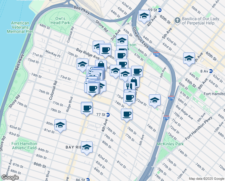 map of restaurants, bars, coffee shops, grocery stores, and more near 7312 4th Avenue in Brooklyn