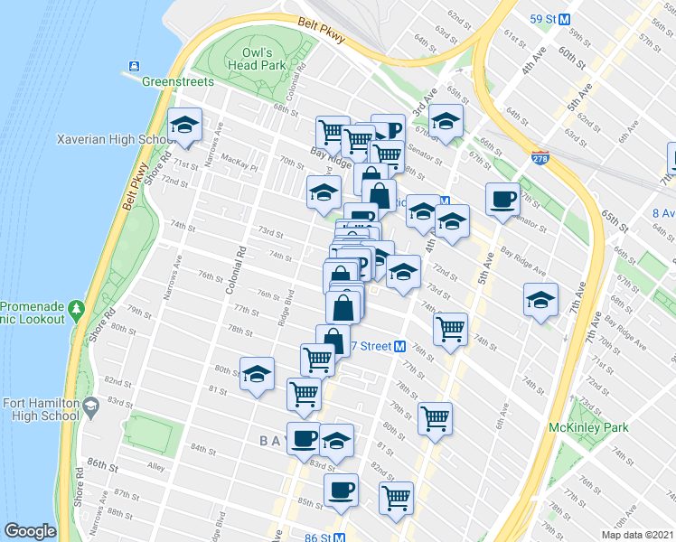 map of restaurants, bars, coffee shops, grocery stores, and more near 7424 3rd Avenue in Brooklyn
