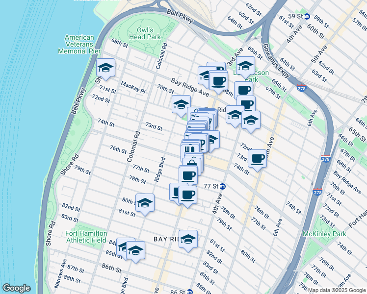 map of restaurants, bars, coffee shops, grocery stores, and more near 223 Bay Ridge Parkway in Brooklyn