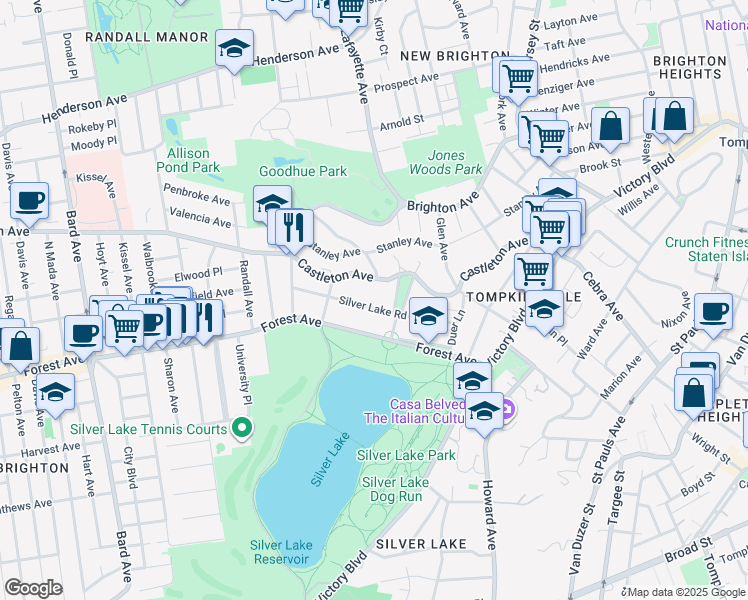 map of restaurants, bars, coffee shops, grocery stores, and more near 86 Silver Lake Road in Staten Island