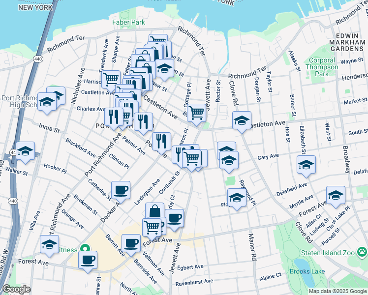 map of restaurants, bars, coffee shops, grocery stores, and more near 107 Simonson Place in Staten Island