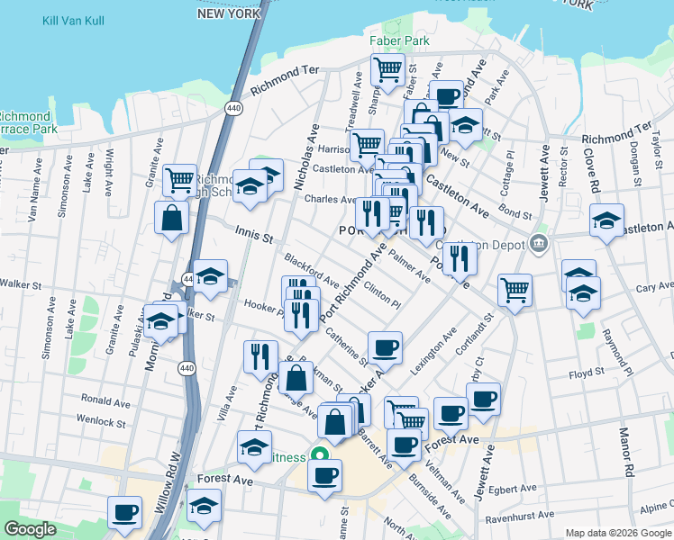 map of restaurants, bars, coffee shops, grocery stores, and more near 92 Blackford Avenue in Staten Island