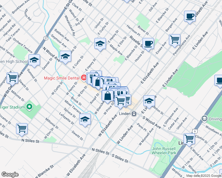 map of restaurants, bars, coffee shops, grocery stores, and more near 300 North Wood Avenue in Linden