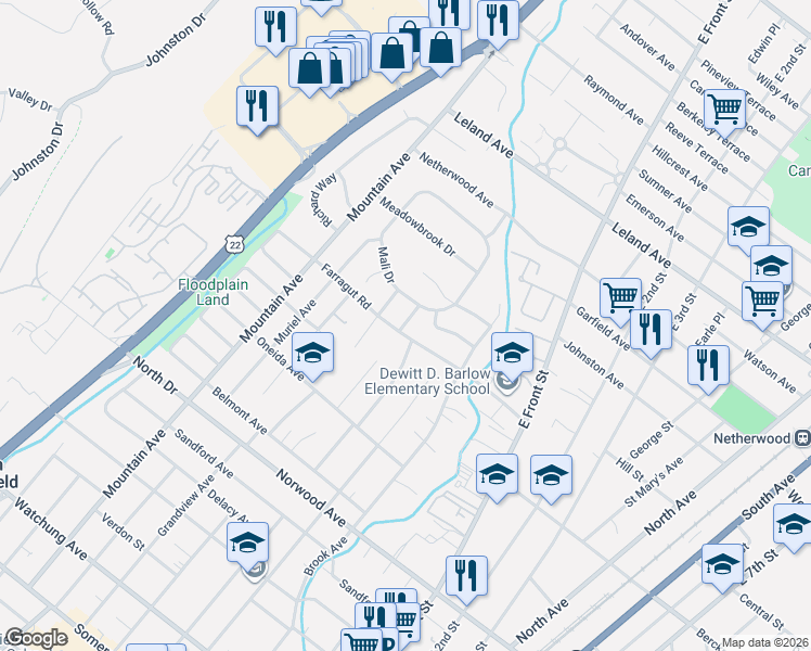 map of restaurants, bars, coffee shops, grocery stores, and more near 131 Farragut Road in North Plainfield