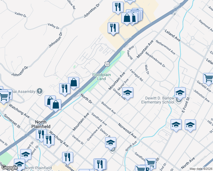 map of restaurants, bars, coffee shops, grocery stores, and more near in North Plainfield