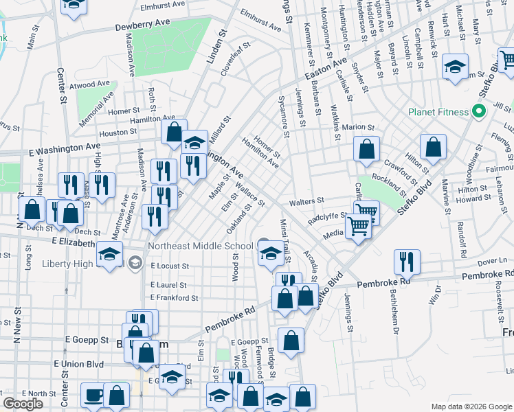 map of restaurants, bars, coffee shops, grocery stores, and more near 1555 Linwood Street in Bethlehem
