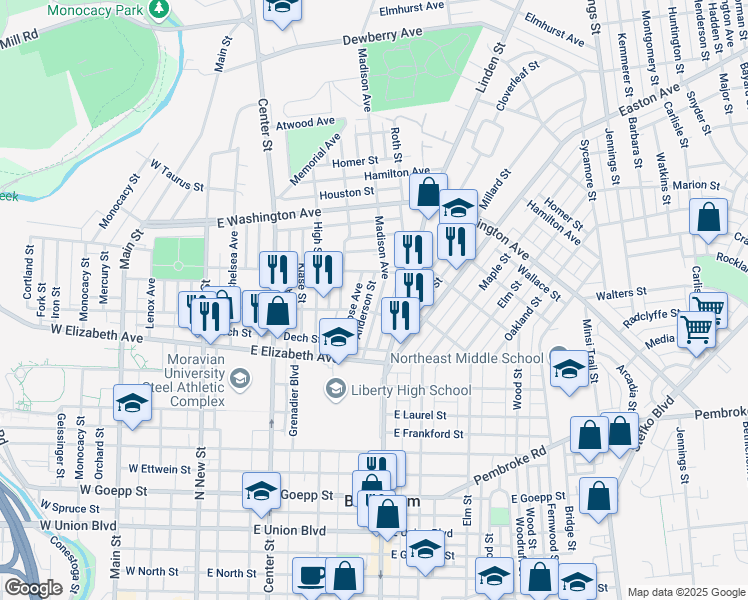 map of restaurants, bars, coffee shops, grocery stores, and more near 1400 Madison Avenue in Bethlehem