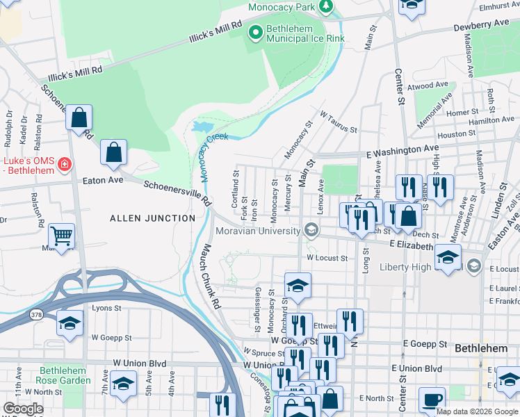 map of restaurants, bars, coffee shops, grocery stores, and more near 215 West Greenwich Street in Bethlehem