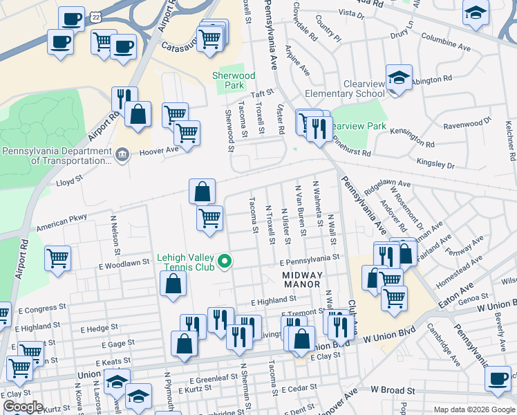map of restaurants, bars, coffee shops, grocery stores, and more near 1940 East Jonathan Street in Allentown