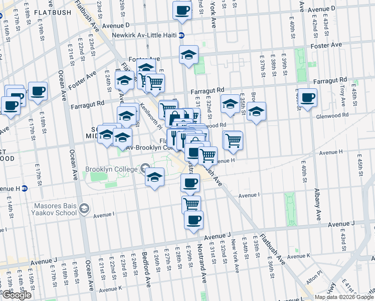map of restaurants, bars, coffee shops, grocery stores, and more near 2901 Campus Road in Brooklyn