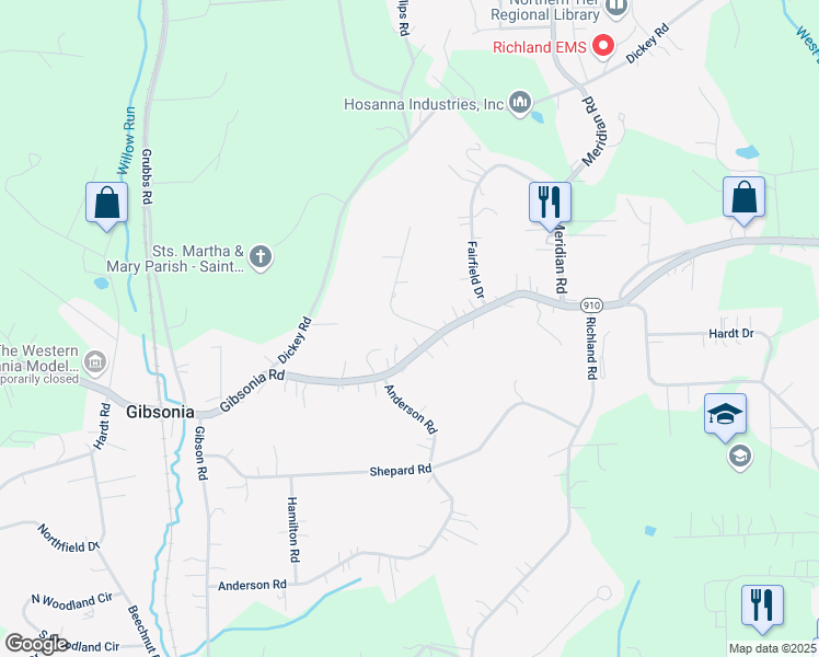 map of restaurants, bars, coffee shops, grocery stores, and more near 3909 Gibsonia Road in Gibsonia