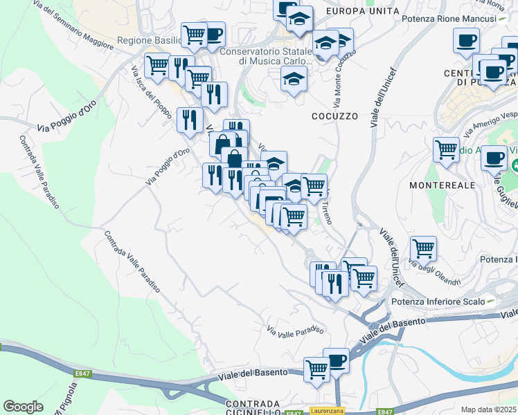 map of restaurants, bars, coffee shops, grocery stores, and more near 93 Via del Gallitello in Potenza