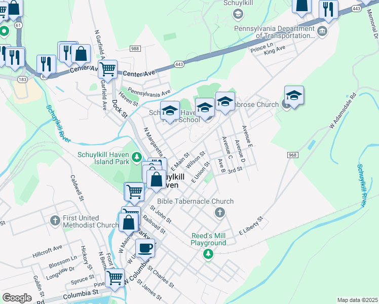map of restaurants, bars, coffee shops, grocery stores, and more near 501 East Main Street in Schuylkill Haven