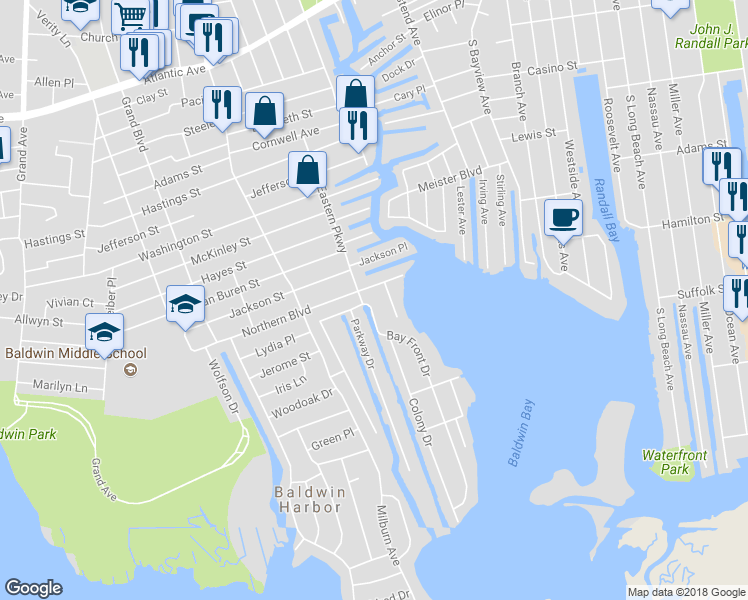 map of restaurants, bars, coffee shops, grocery stores, and more near 4 Bay Front Drive in Baldwin