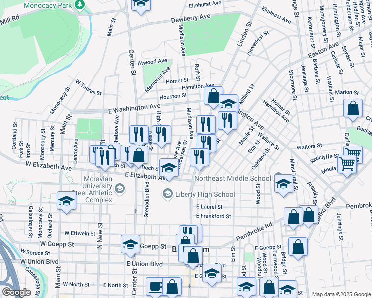 map of restaurants, bars, coffee shops, grocery stores, and more near 1400 Madison Avenue in Bethlehem