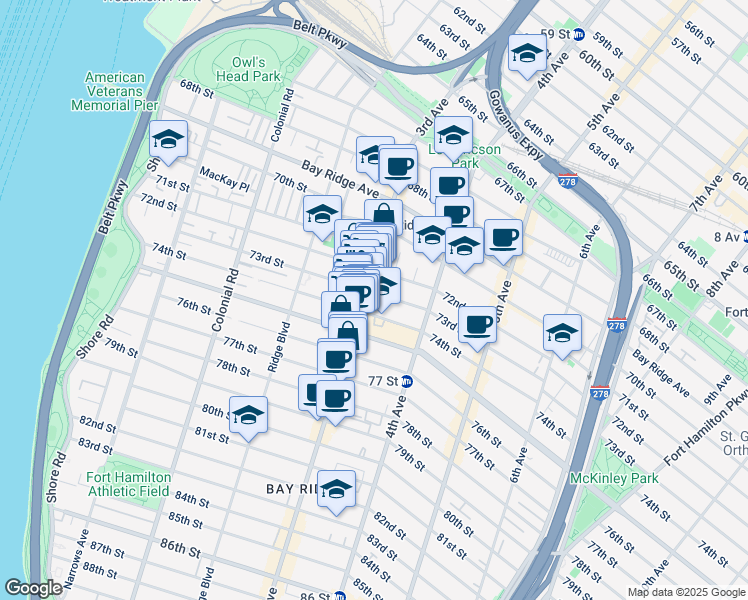 map of restaurants, bars, coffee shops, grocery stores, and more near 326 74th Street in Brooklyn