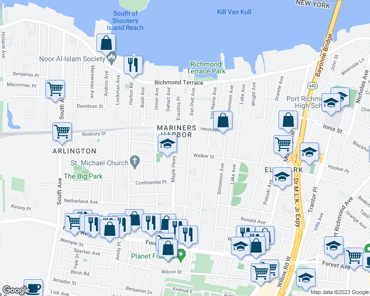 map of restaurants, bars, coffee shops, grocery stores, and more near 172 Van Pelt Avenue in Staten Island