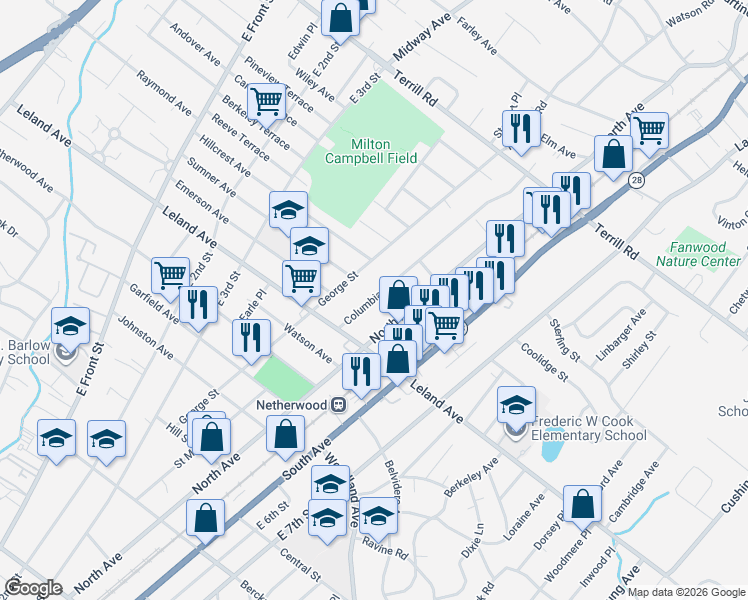 map of restaurants, bars, coffee shops, grocery stores, and more near 1227 North Avenue in Plainfield