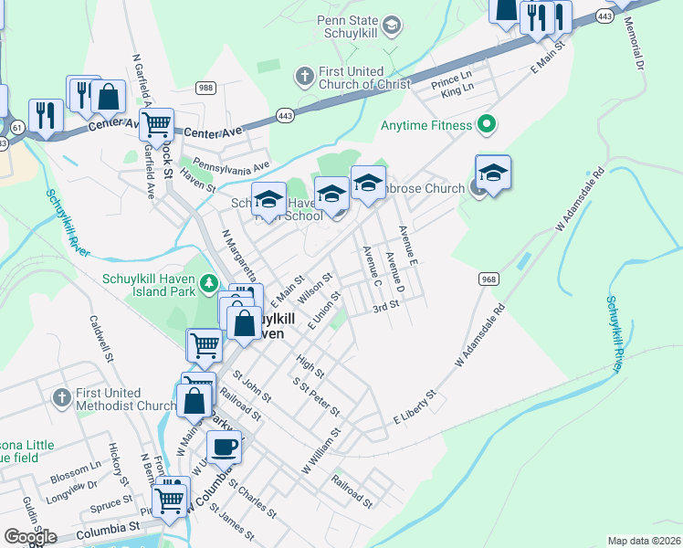 map of restaurants, bars, coffee shops, grocery stores, and more near 102 Avenue B in Schuylkill Haven