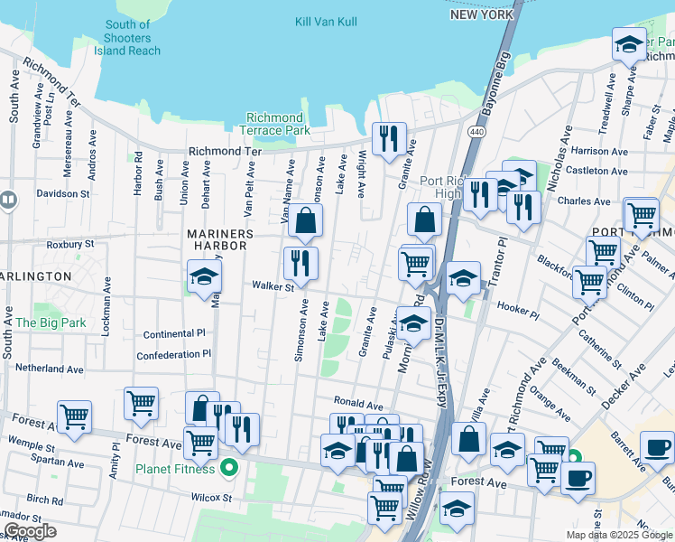 map of restaurants, bars, coffee shops, grocery stores, and more near 357 Walker Street in Staten Island