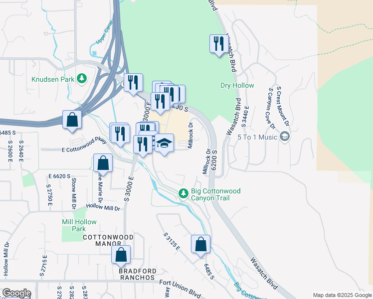 map of restaurants, bars, coffee shops, grocery stores, and more near 6440 Millrock Drive in Holladay