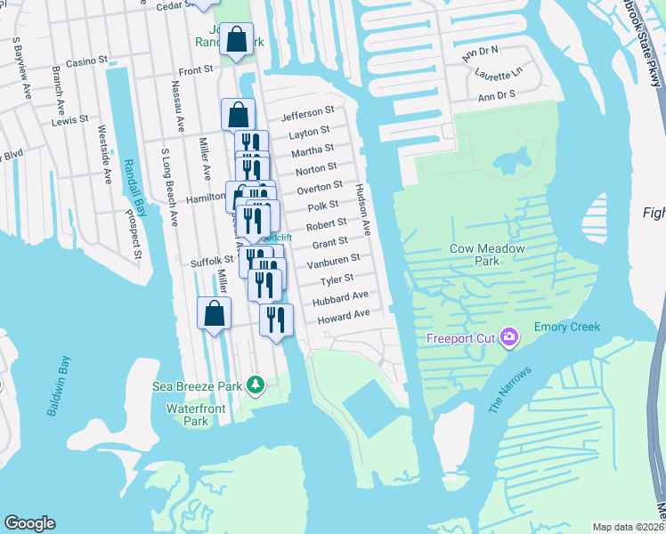 map of restaurants, bars, coffee shops, grocery stores, and more near 53 Tyler Street in Freeport