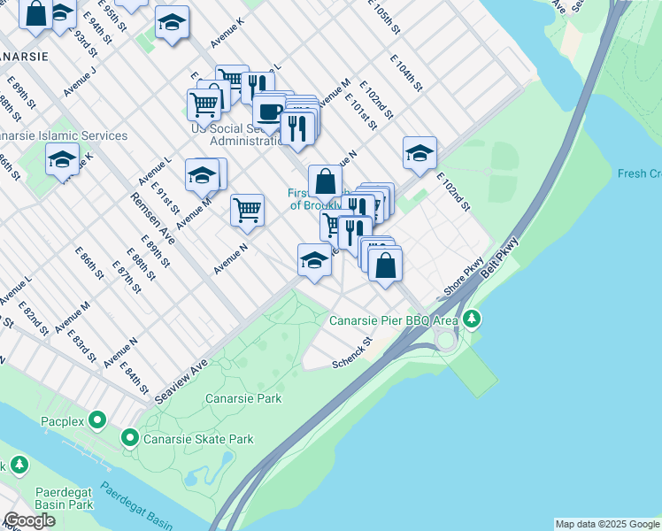 map of restaurants, bars, coffee shops, grocery stores, and more near 1661 East 95th Street in Brooklyn