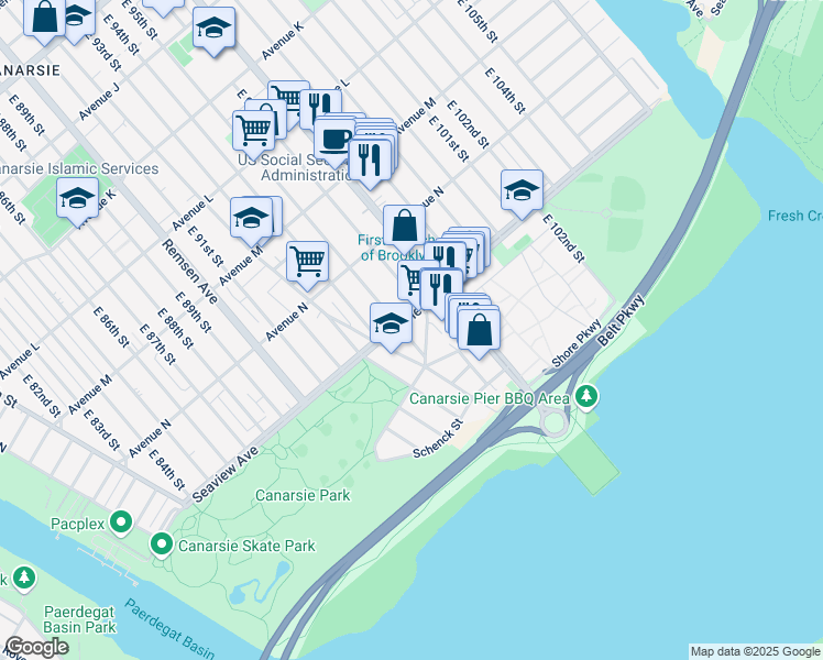 map of restaurants, bars, coffee shops, grocery stores, and more near 1661 East 95th Street in Brooklyn