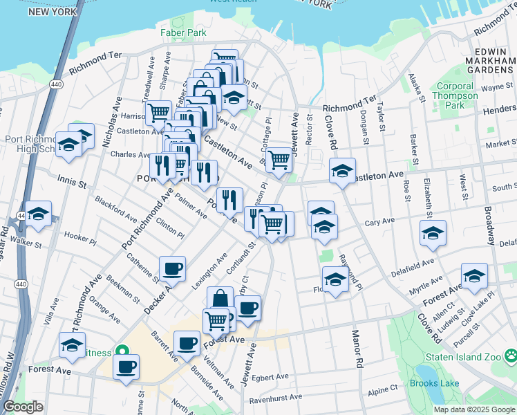map of restaurants, bars, coffee shops, grocery stores, and more near 87 Simonson Place in Staten Island