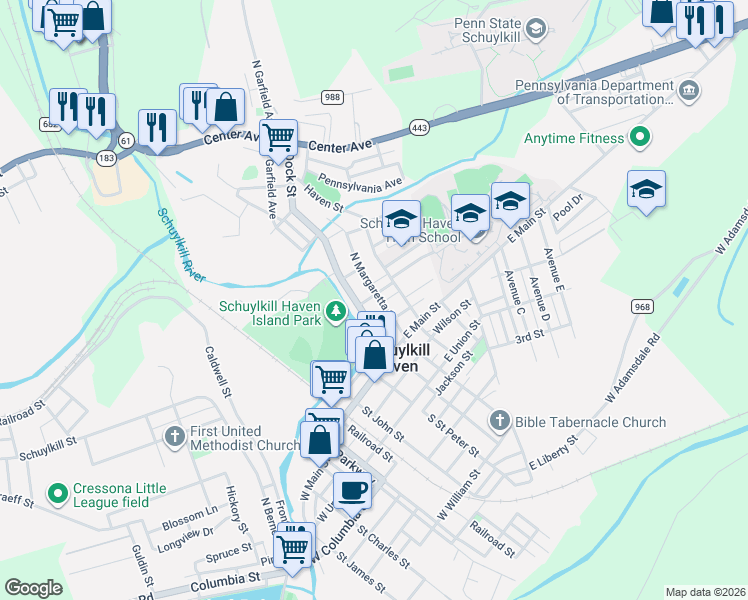 map of restaurants, bars, coffee shops, grocery stores, and more near 32 North Margaretta Street in Schuylkill Haven