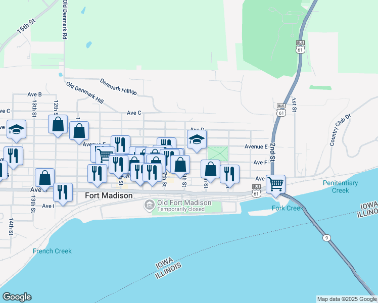 map of restaurants, bars, coffee shops, grocery stores, and more near 510 6th St in Fort Madison